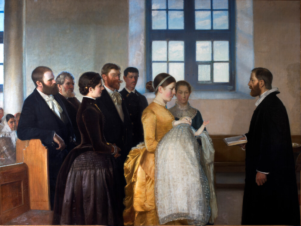 Maleri af Michael Ancher, 1888 forestiller barnedåb i kirke med præst, gudmor i gylden kjole holder dåbsbarn i lang dåbskjole